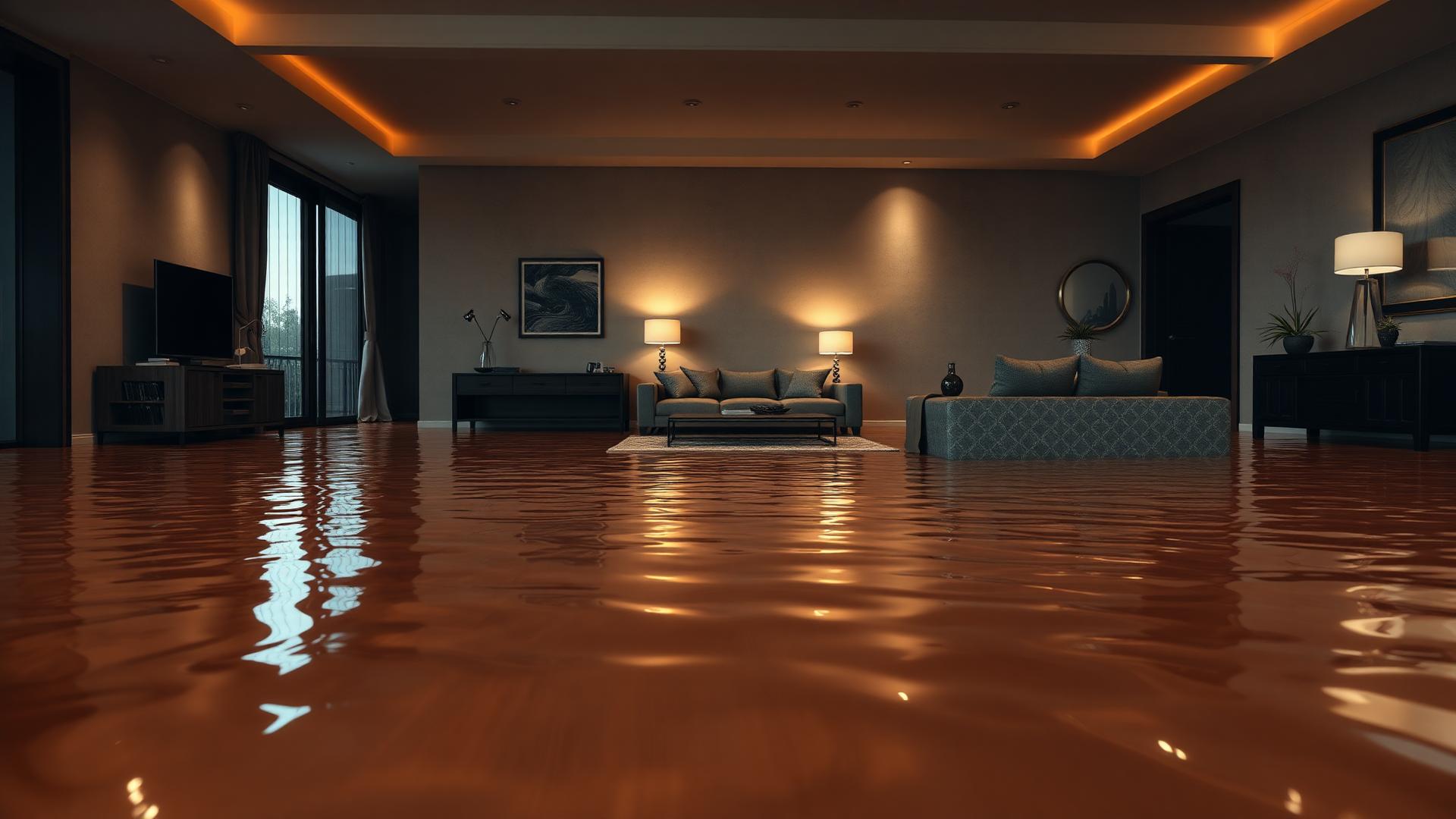 Flooded living room with standing water requiring emergency restoration