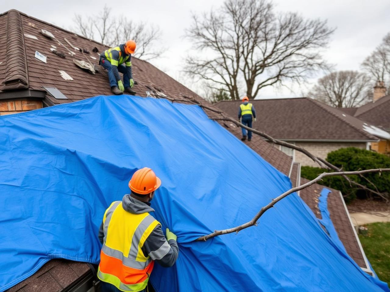 Restoration crew installing a tarp over a storm-damaged residential roof